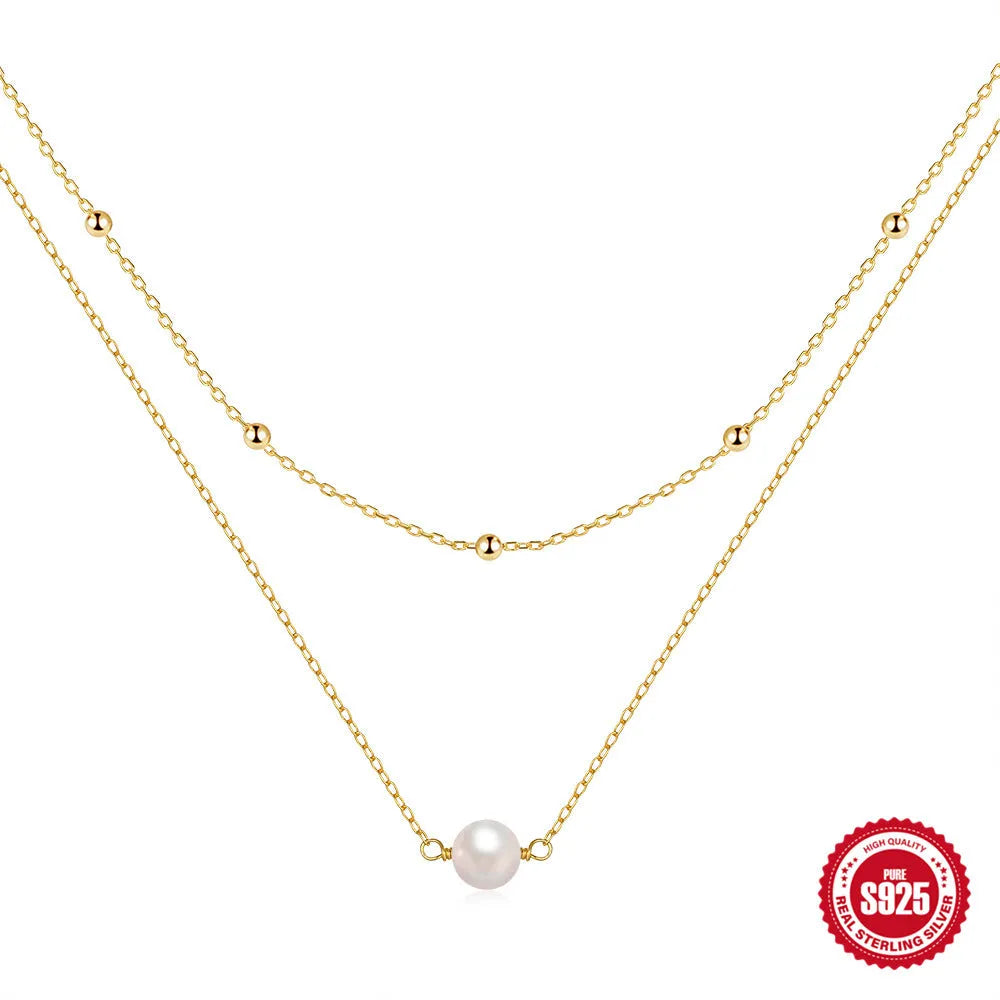 S925 sterling silver double layer pearl necklace with geometric pendant in gold colour
