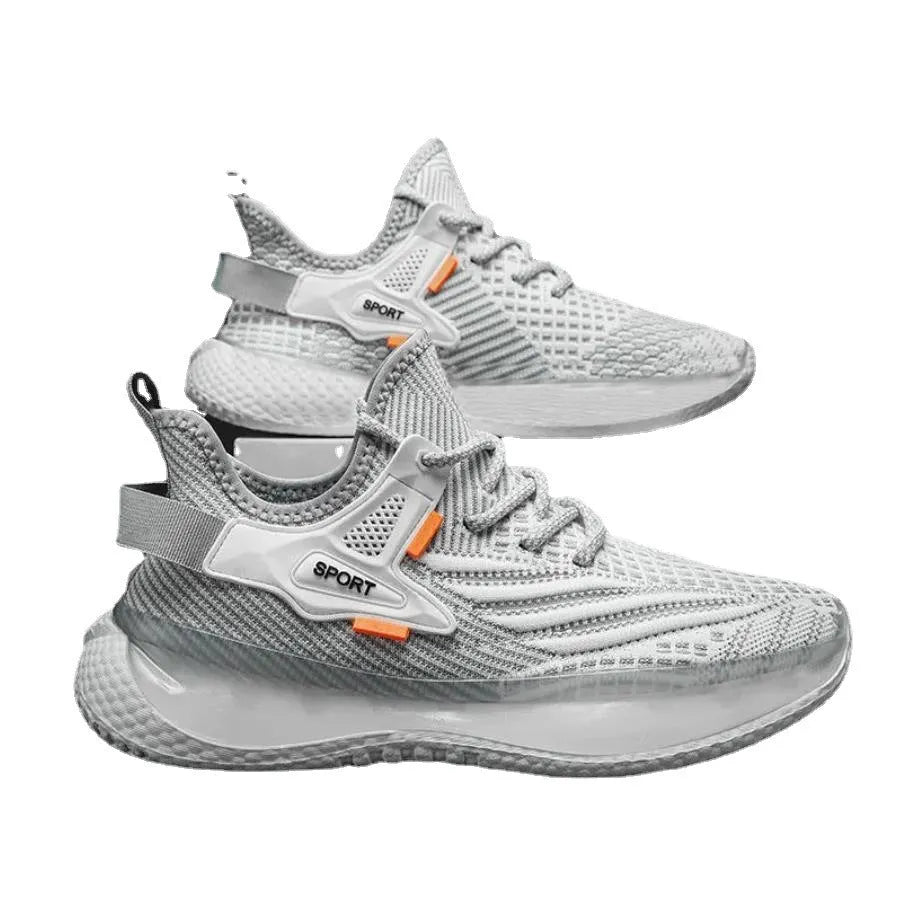 Men's white woven mesh platform sneaker with a flat rubber sole and round toe on a grey background.