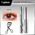 Steel tube waterproof mascara in black and brown shades shown with an eyelash curler.