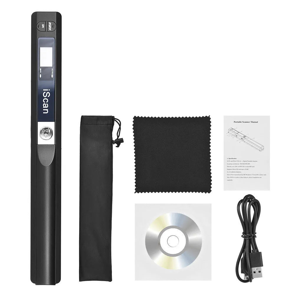 A handheld plastic scanner in silver, with a USB cable connected, on a desk next to documents.
