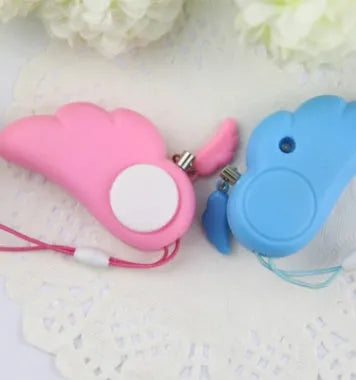 Blue personal security alarm with clip and pull pin on a grey handbag strap