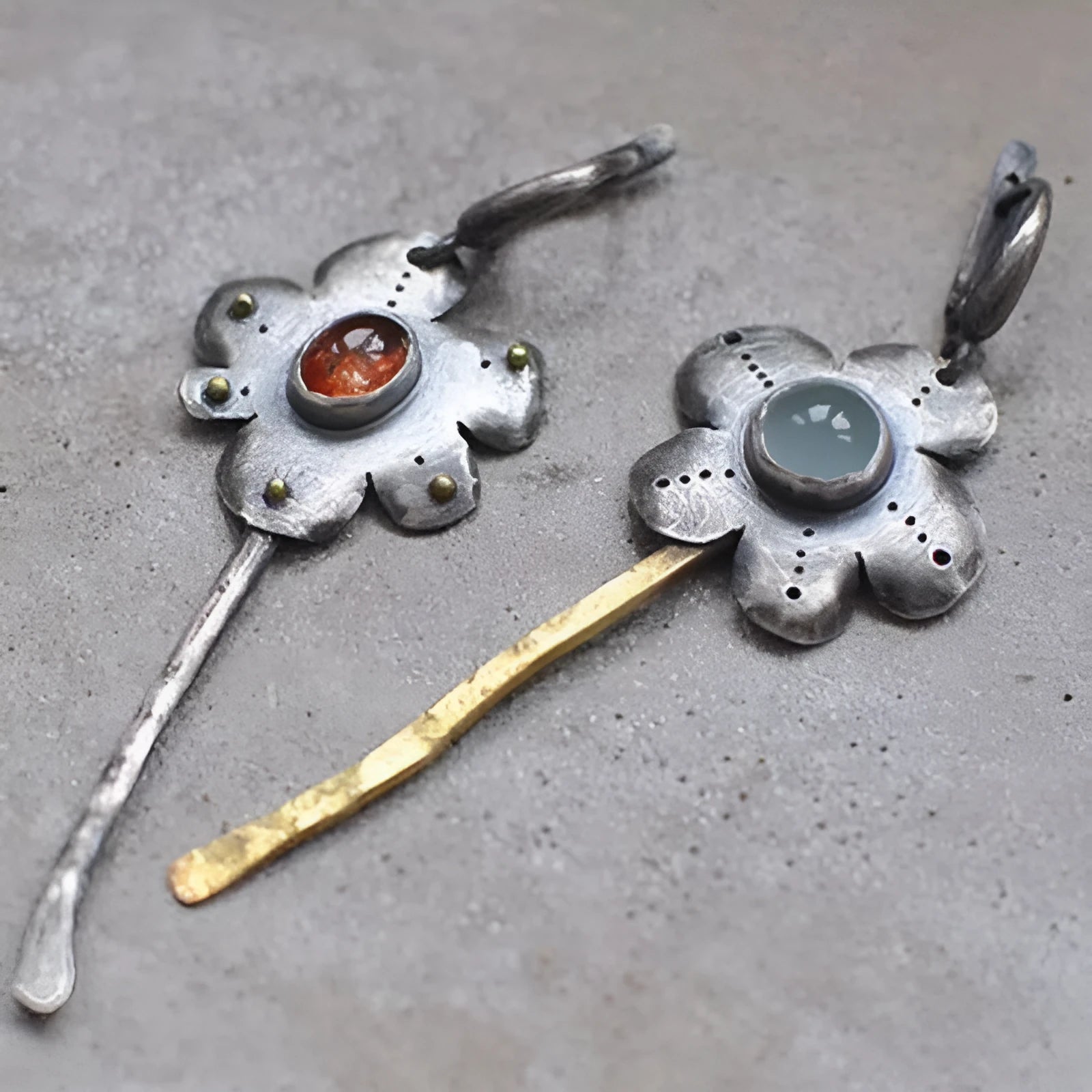 Fashion retro two-tone flower long earrings for women, asymmetrical two-colour alloy drop earrings with electroplated finish