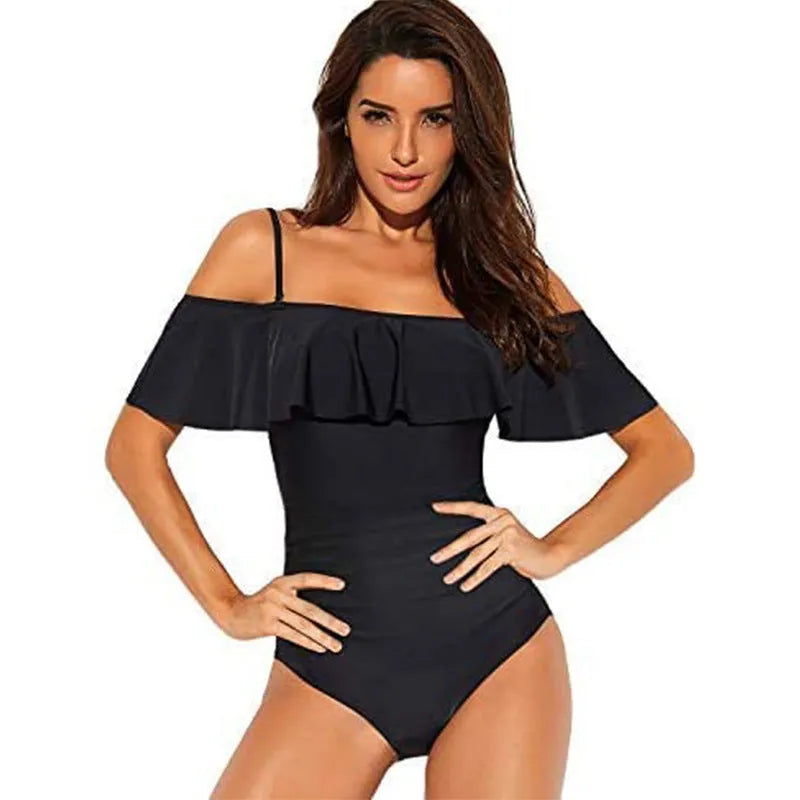 Black one-piece swimsuit with cut-out design and ruffled straps for swimming sports