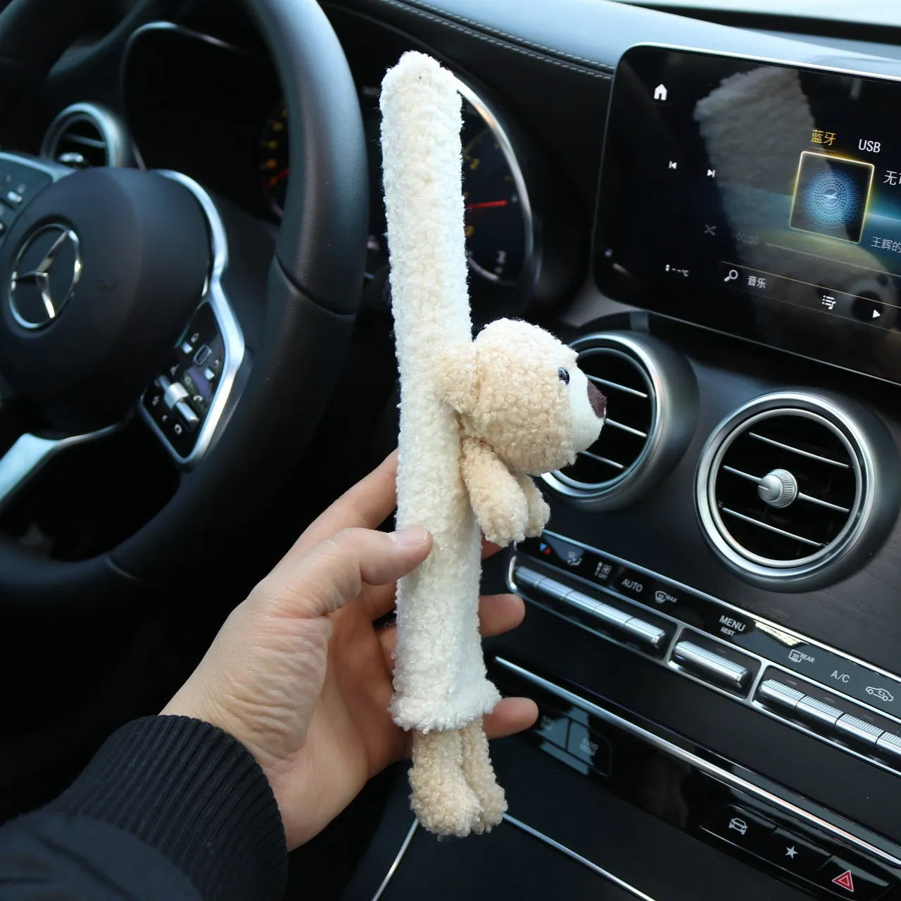 Cartoon plush car seatbelt shoulder protector in Rabbit and Bear designs made from soft lamb wool.
