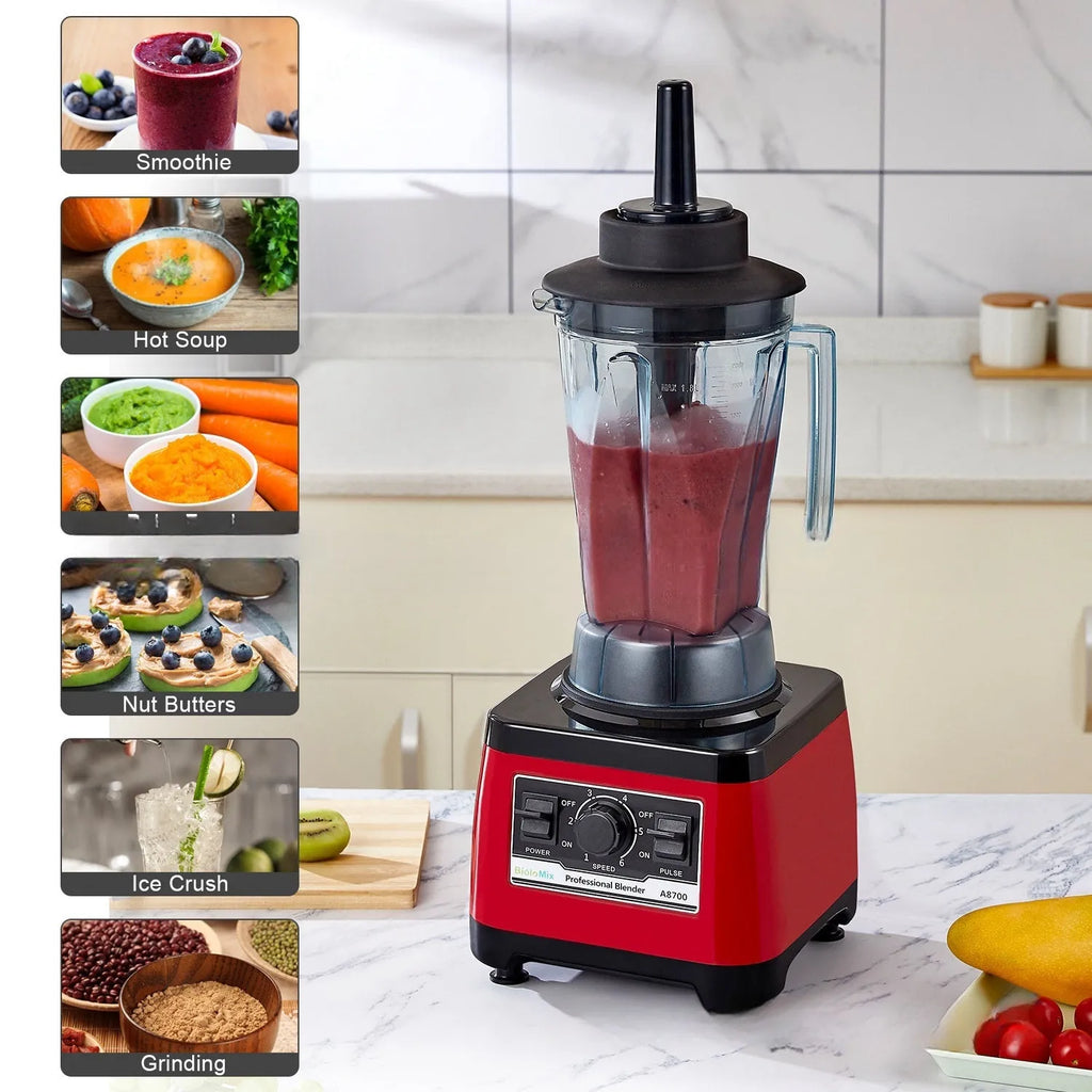 Red commercial blender with 2200W motor and 2-litre capacity jug, industrial style design