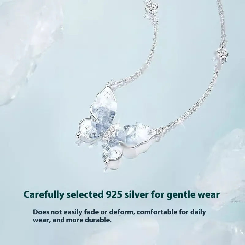 Bingyu butterfly clavicle necklace in S925 silver with ice rain pendant on O-ring chain