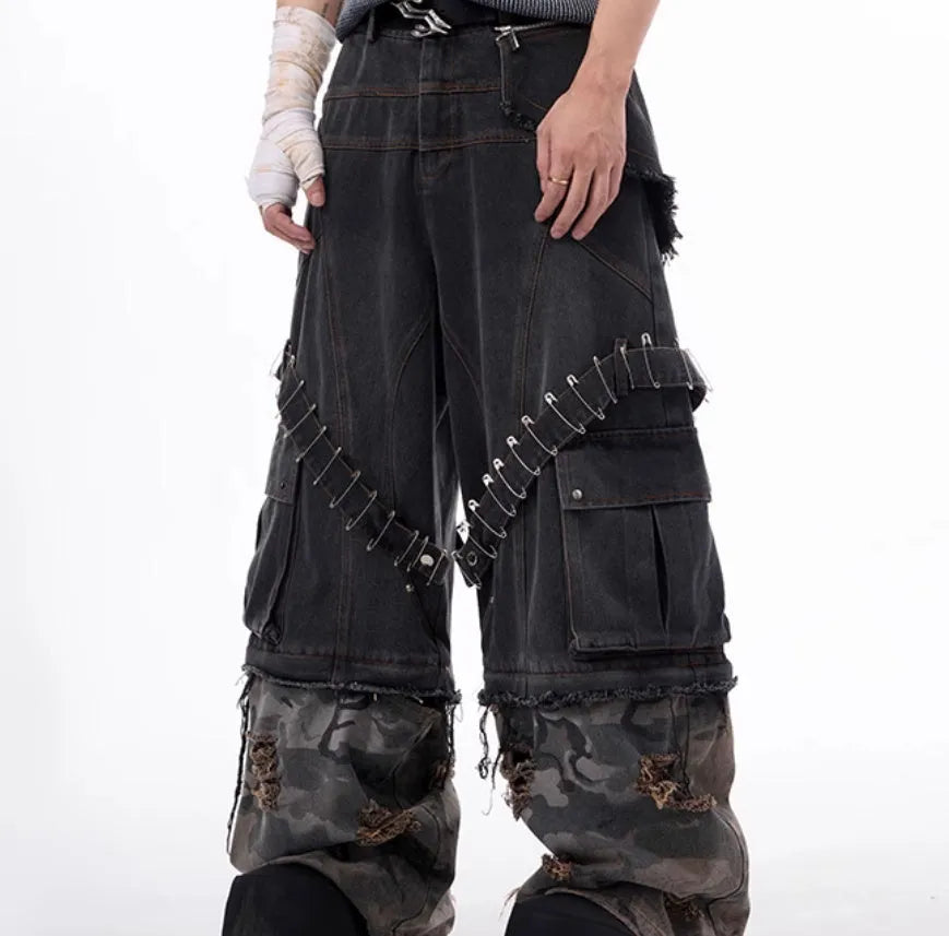 Men's grey camouflage splicing jeans with pin and ribbon details on cotton fabric
