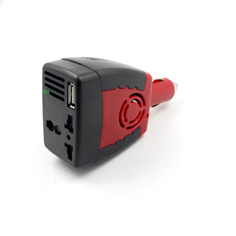 150W car power inverter 12V to 220V with USB output in black and red plastic casing