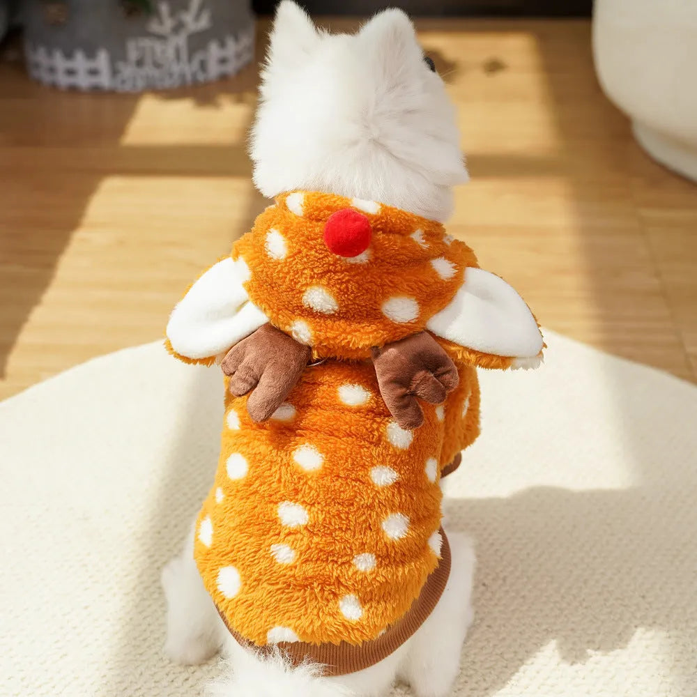 Fleece-lined pet coat with elk pattern on a dog, available in six sizes from XS to XXL