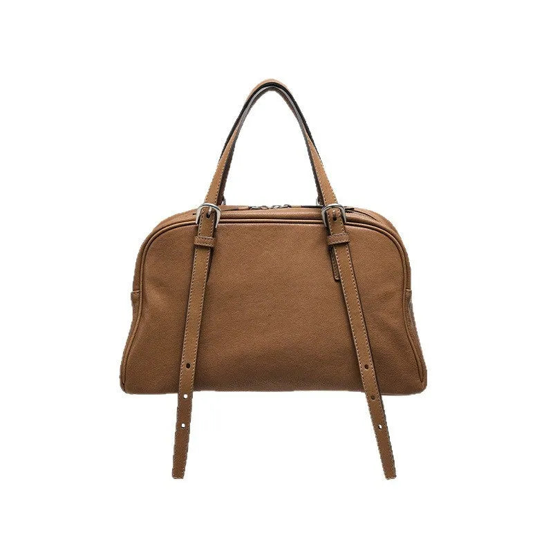 Women's genuine leather retro shoulder bag in horizontal square shape with double strap.