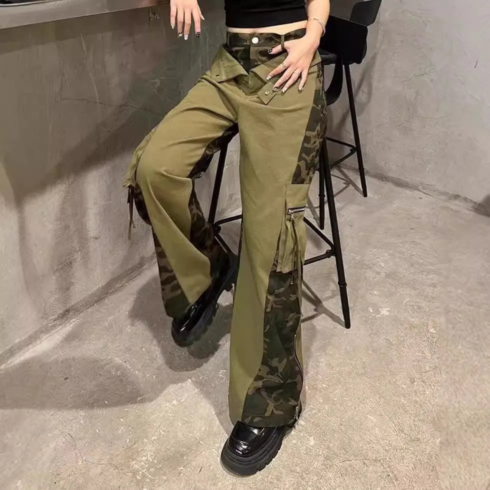 Women's dark khaki leopard print high waist jeans with tooling-style stitching detail