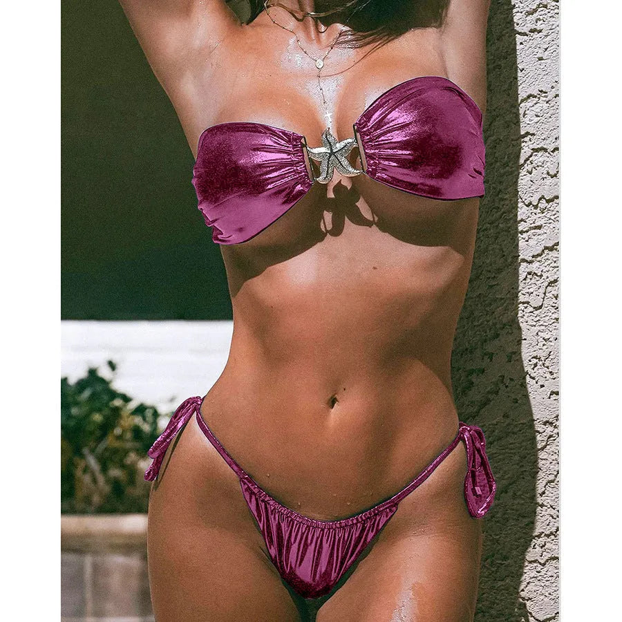Women's glossy sapphire blue bikini set with gold starfish print and long sleeves