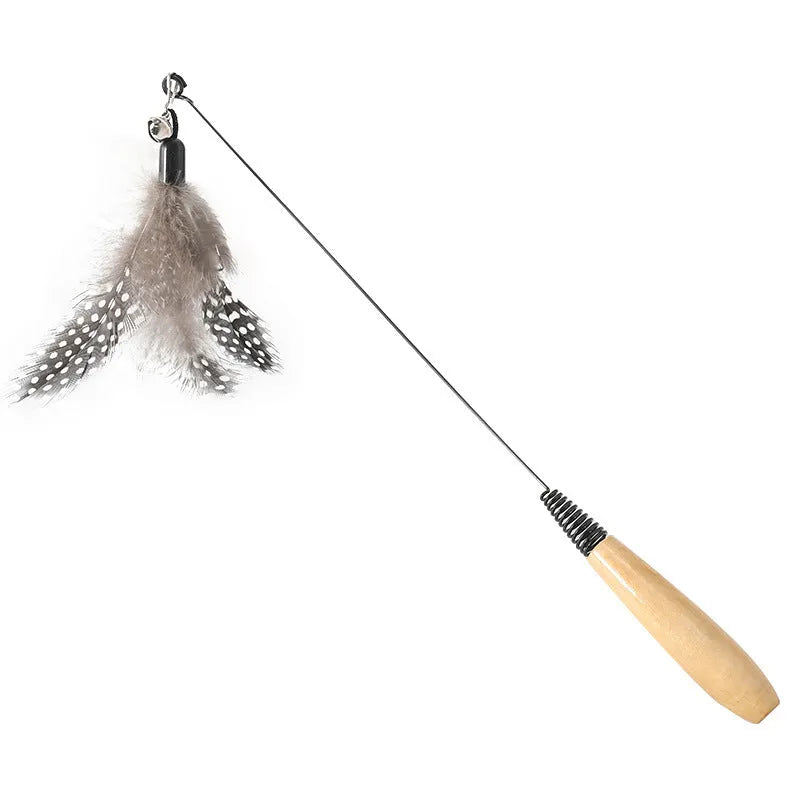 Wooden handle spring cat teasing stick with feather bell replacement head interactive kitten toy