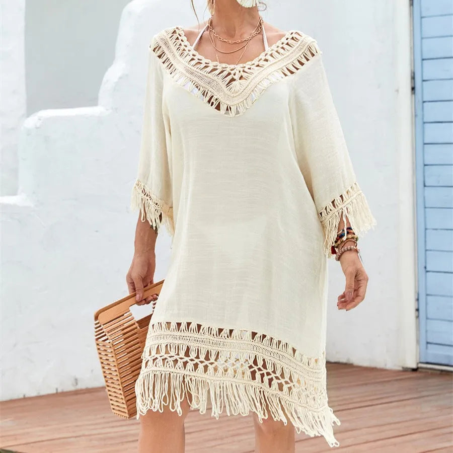 Apricot crochet patchwork beach dress with free size fit and street hipster style