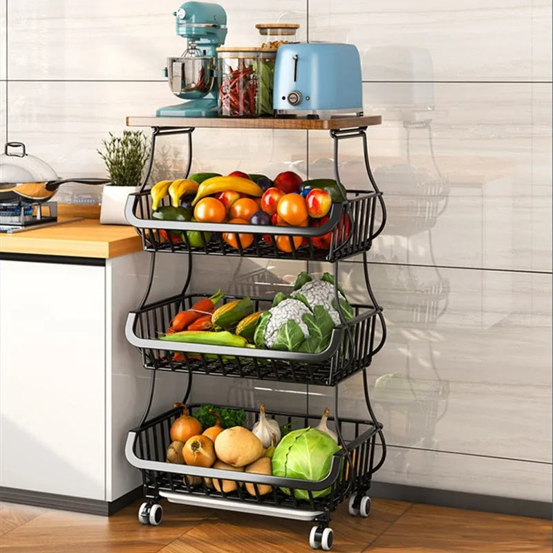Black six-tier foldable kitchen floor trolley with carbon steel frame and modern design