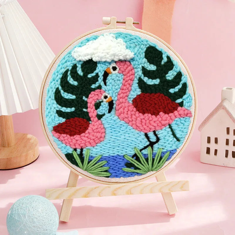 Handmade embroidery DIY kit with linen fabric and cute cartoon pattern in Flamingo Paradise style