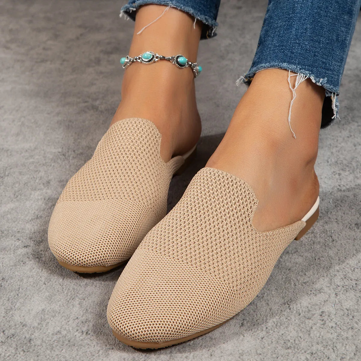Apricot, blue and green candy colour mesh slip on sandals with rubber soles