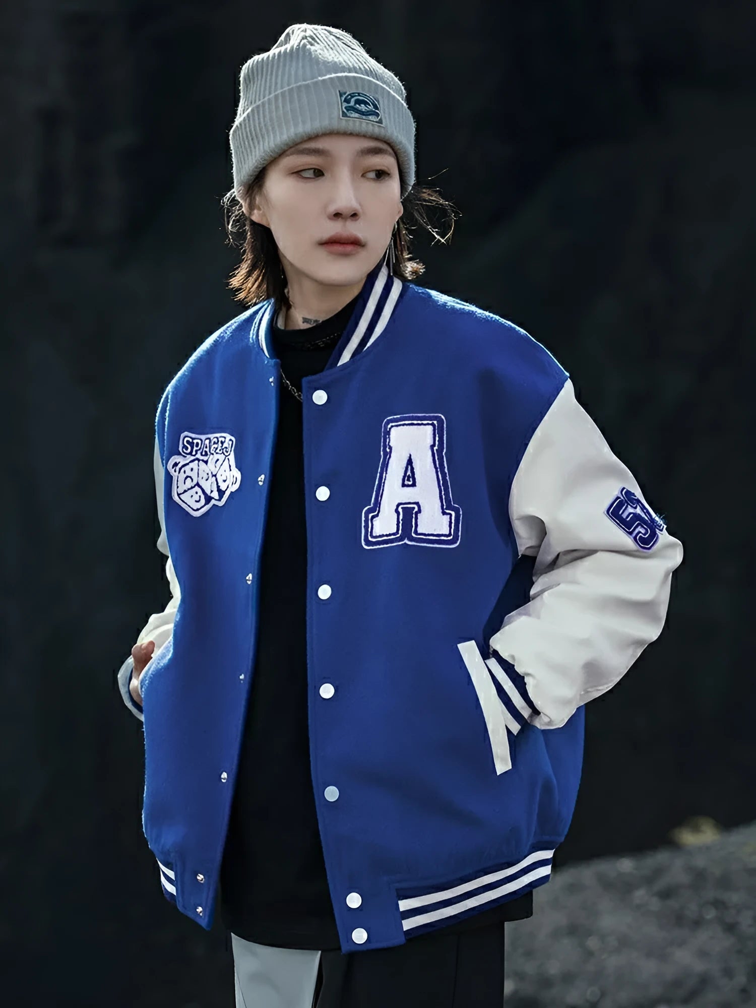 Men's college style stand up collar long sleeve embroidered letter jacket cardigan in black, blue, green