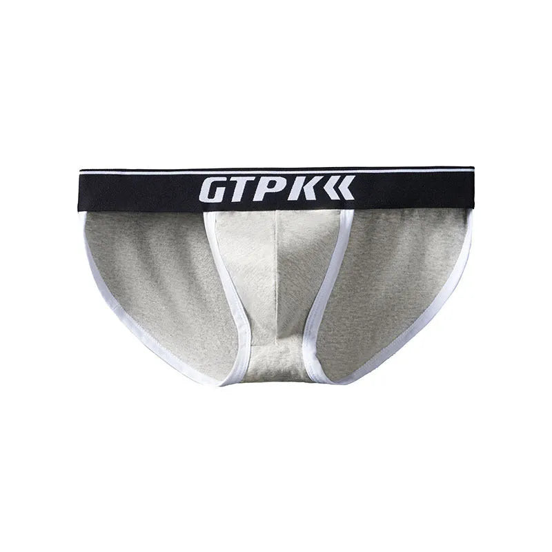 Men's low waist cotton high fork briefs in solid colour, front view, showing leg cut and waistband