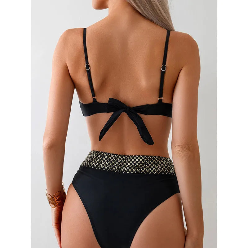 Black bikini split swimsuit with high-elasticity polyester fibre fabric, sleeveless briefs style, sizes S to XL
