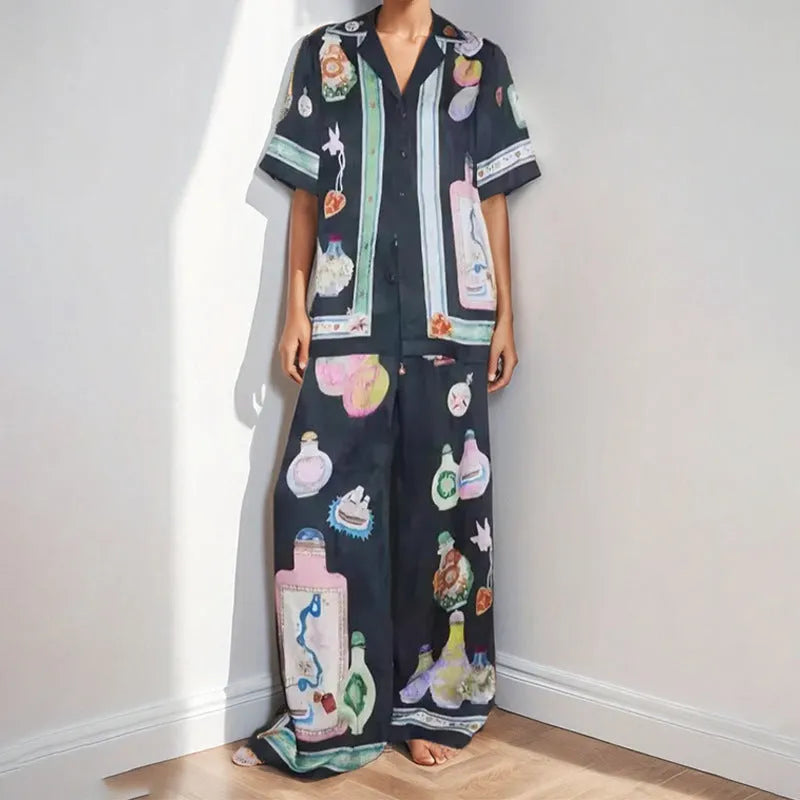 Women's black polyester sleeve cardigan set with cartoon pattern, sizes S-3XL