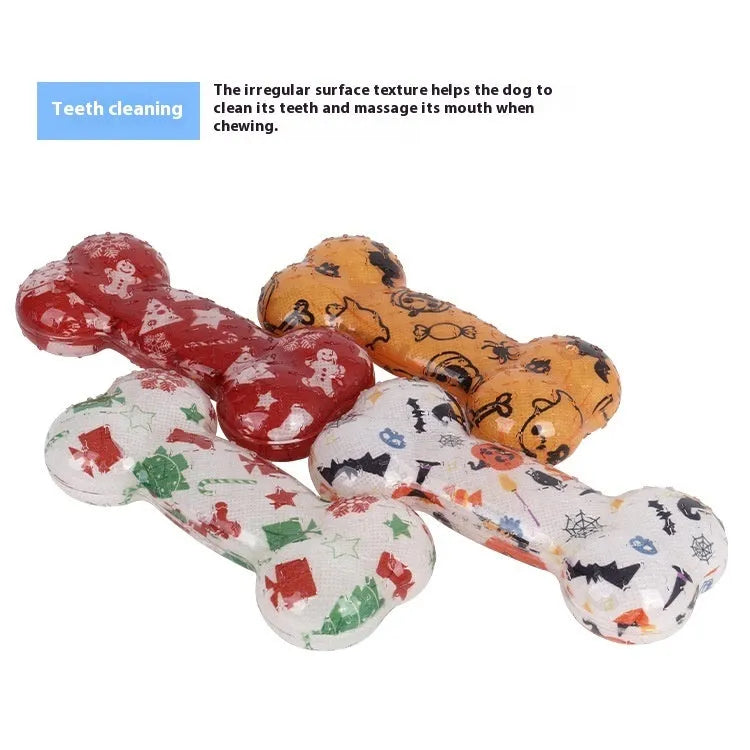 Printed bone TPR material dog chew toy with nibbling sound, in Christmas red colour, weight 110g