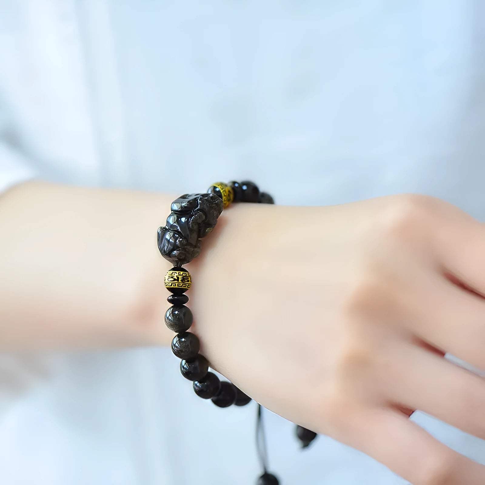 Natural golden obsidian Pi Xiu bracelet hand-woven Chinese style unisex bead sizes 8mm 10mm 12mm 14mm
