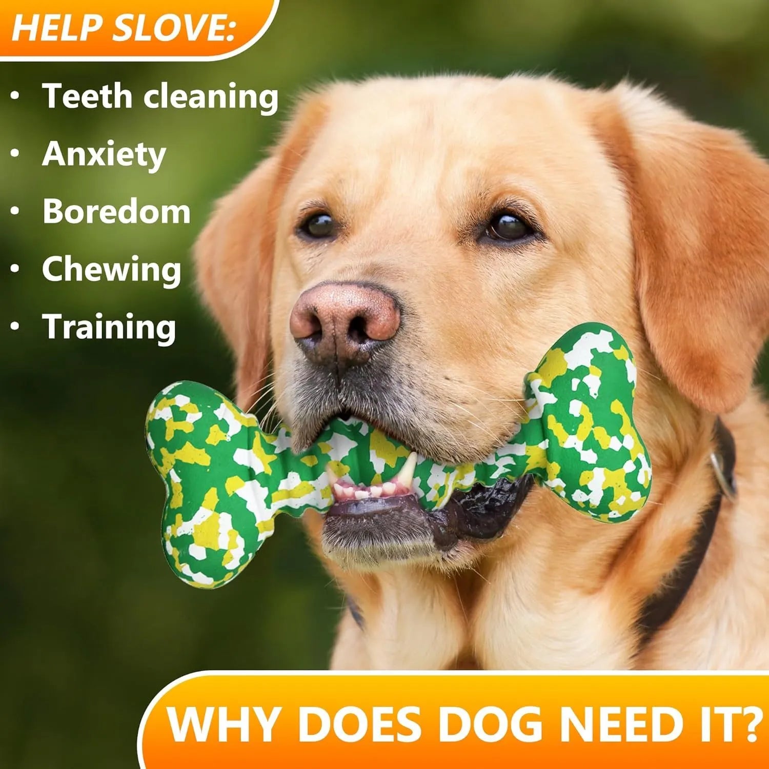 Natural rubber dog bone chew toy with camouflage pattern for medium and large breed dogs.