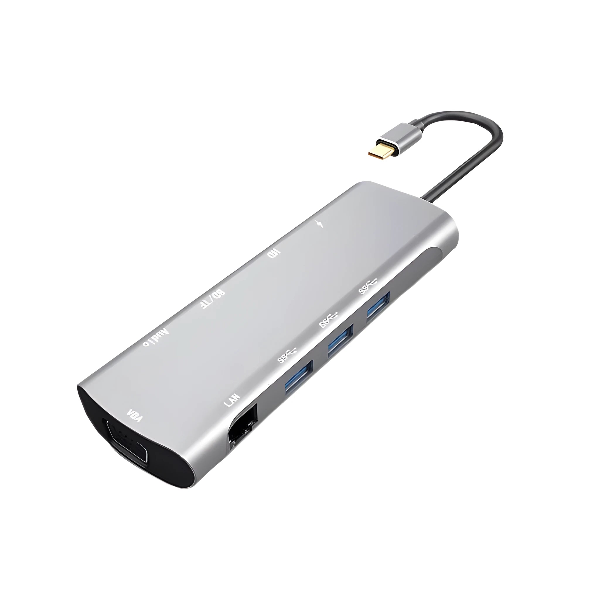 Grey aluminium USB-C docking station with HDMI, VGA, USB 3.0, and PD charging ports.