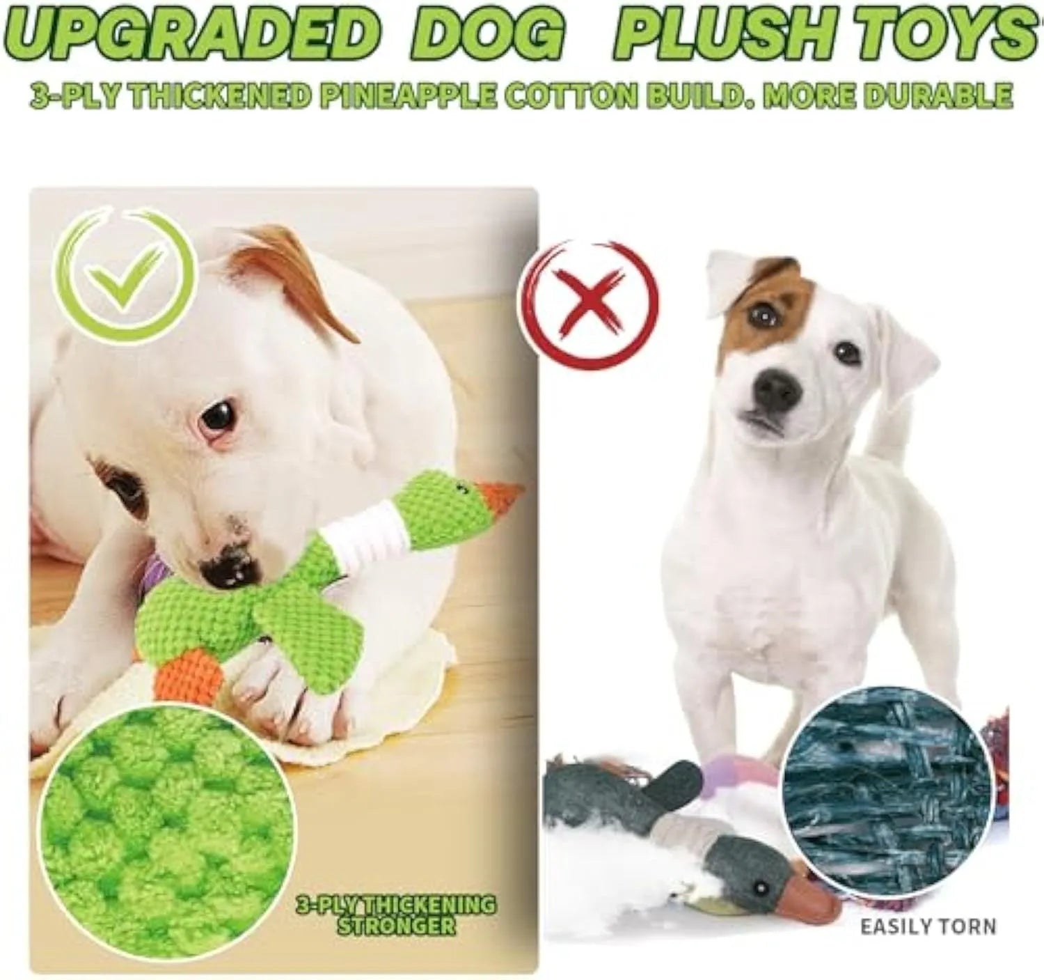 Blue duck-shaped plush dog toy with squeakers for chewing play measuring 33cm long