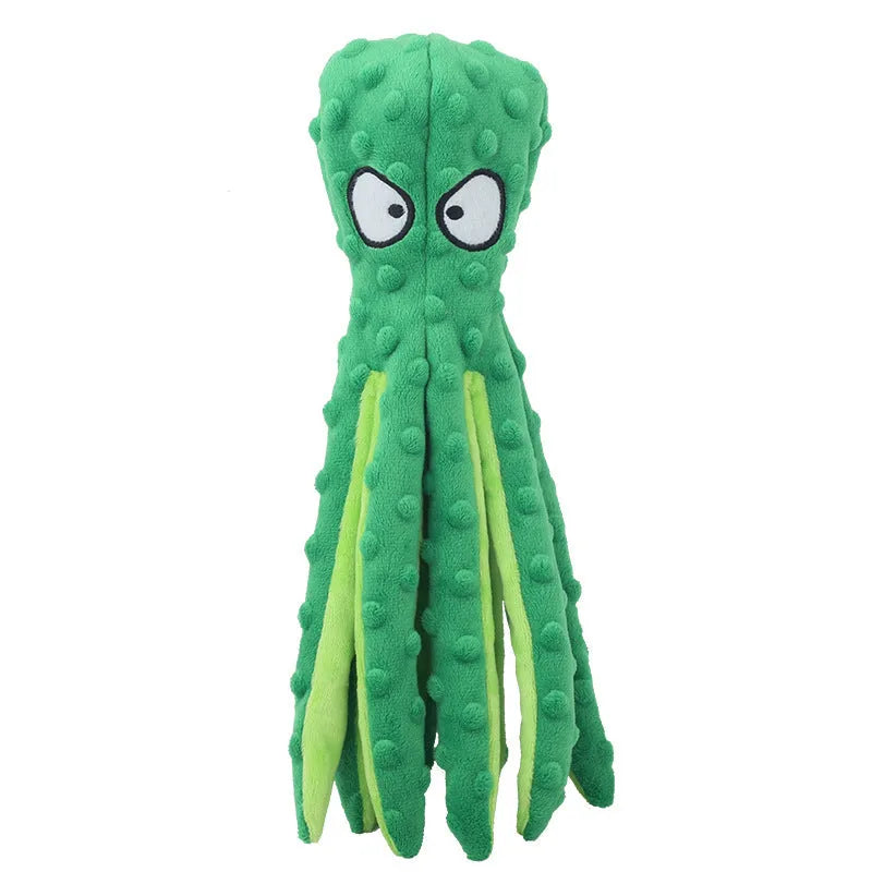 Blue octopus plush dog toy with no stuffing, featuring crinkle paper and squeaker sounds for interactive chew play.