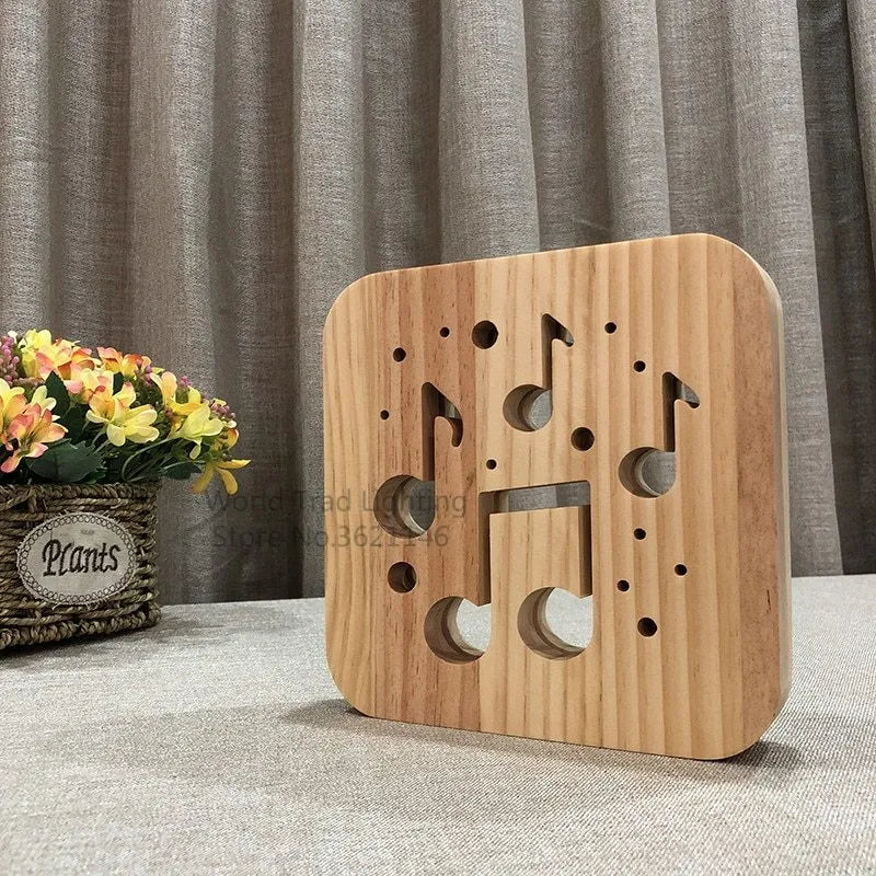 Pine wood USB-powered 3D LED atmosphere light with warm white illumination measuring 19 x 19 x 3 cm