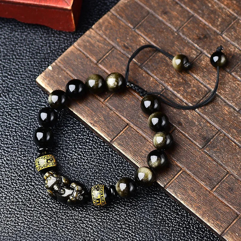 Natural golden obsidian Pi Xiu bracelet hand-woven Chinese style unisex bead sizes 8mm 10mm 12mm 14mm
