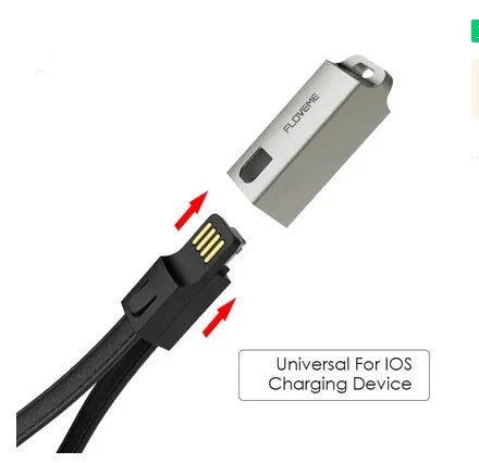 USB to Apple Lightning charging cable with leather braiding and zinc alloy connector in black, brown or red colours