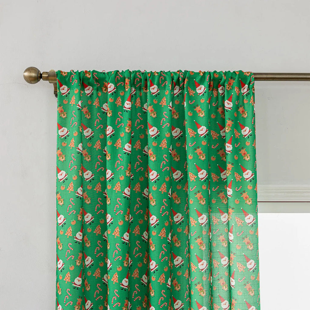 Green and red Christmas curtain with printed snowman and angel cartoon designs for living room window treatment