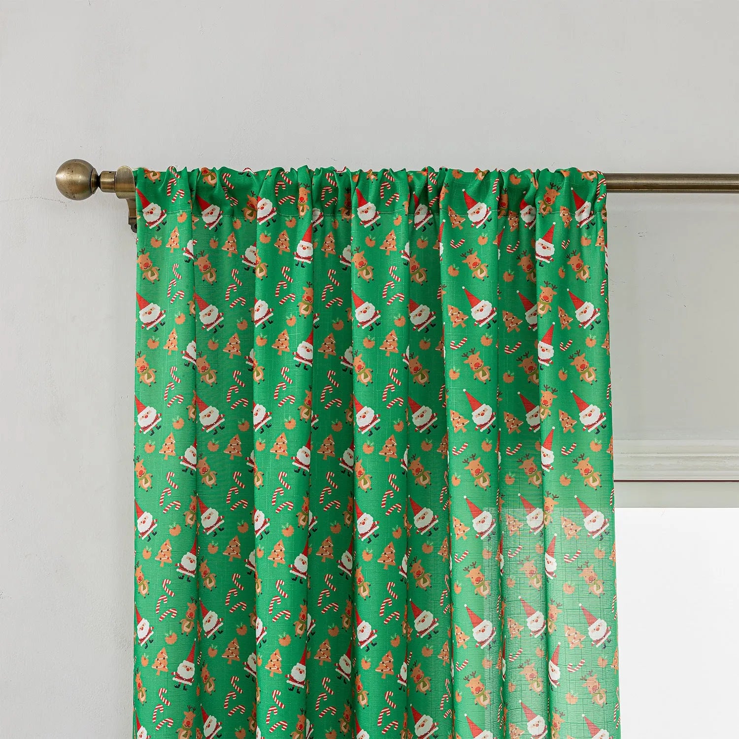 Green and red Christmas curtain with printed snowman and angel cartoon designs for living room window treatment