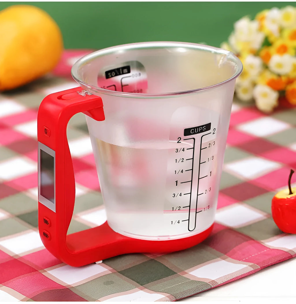 Green digital measuring cup scale with LCD display in handle on white background