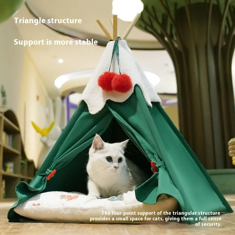 Semi-closed thickened cloth cat house with brown mat, suitable for indoor use, 50x50x68cm size option
