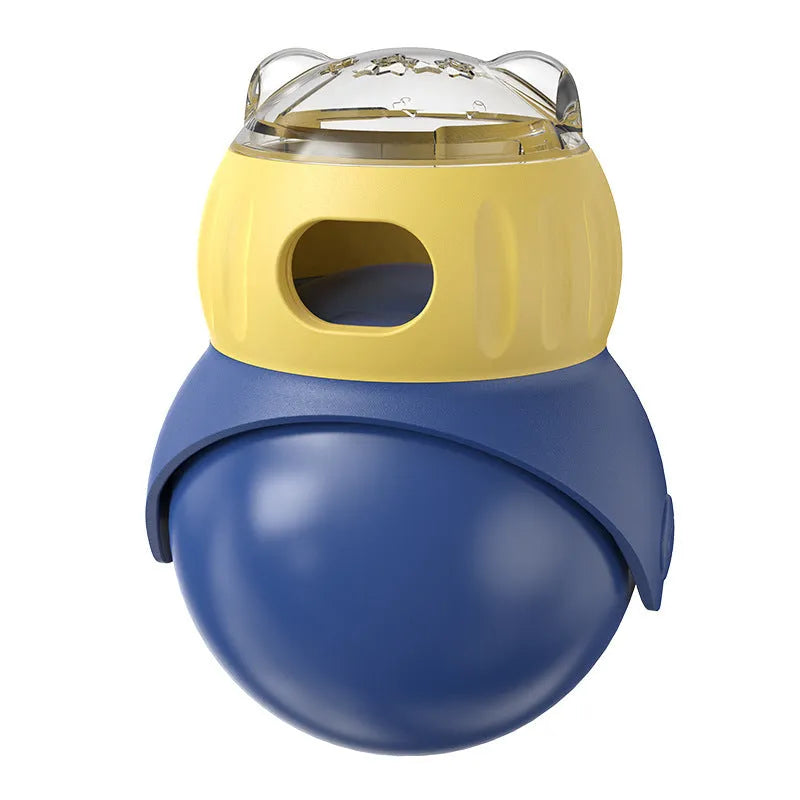 Tumbler owl cat puzzle feeder in morandi yellow and blue colours with rotating food dispenser mechanism