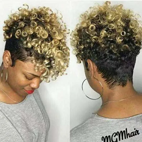 Short synthetic wig with exotic simple rolls styling in Kanekalon fibre on a wig stand.