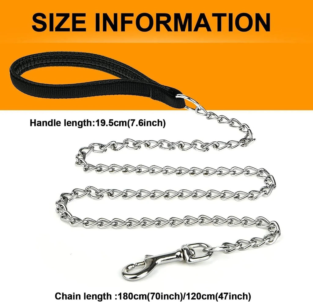 Heavy duty metal dog chain leash with soft padded handle, shown in black colour