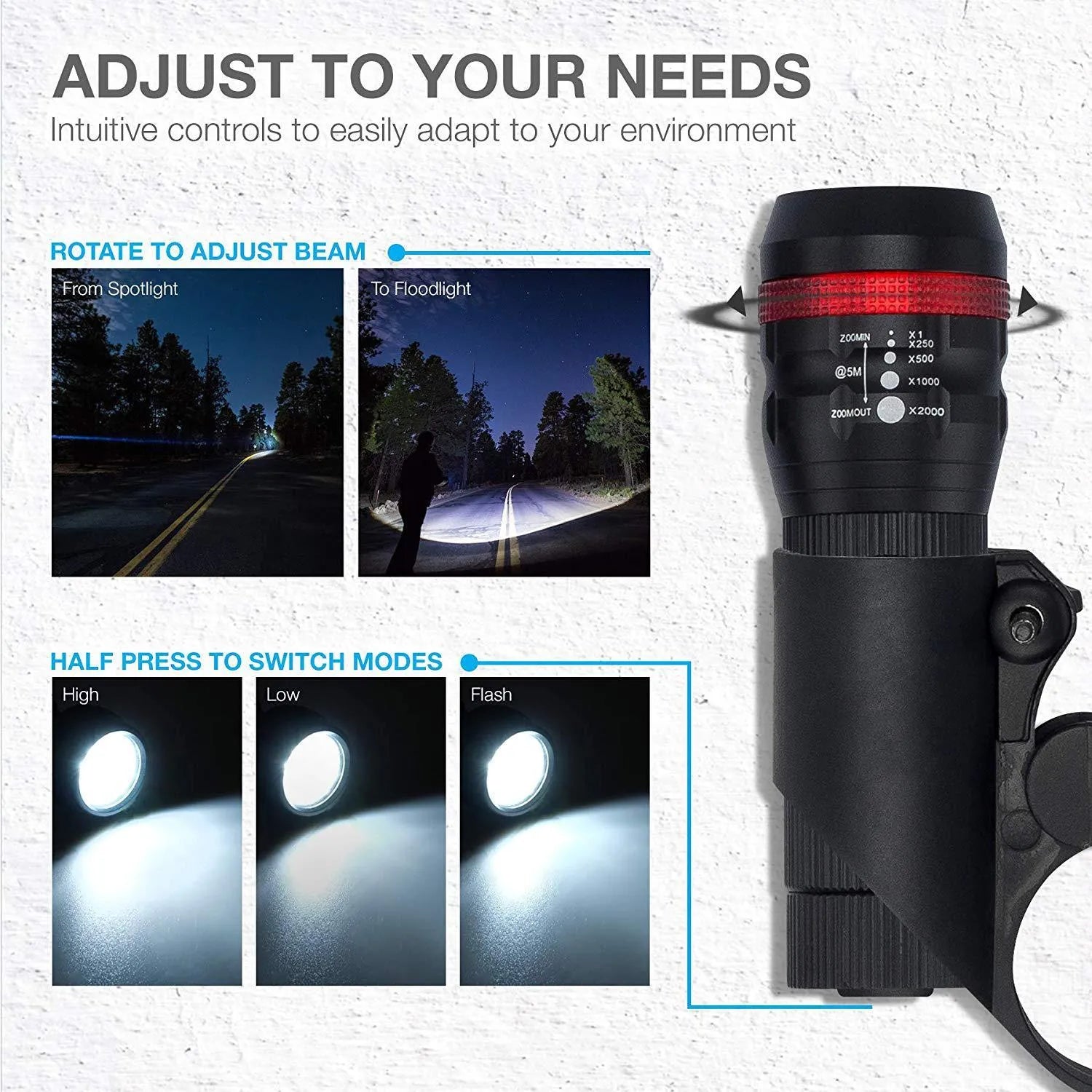 Bicycle front headlight and rear taillight set with mounting bracket on a black background