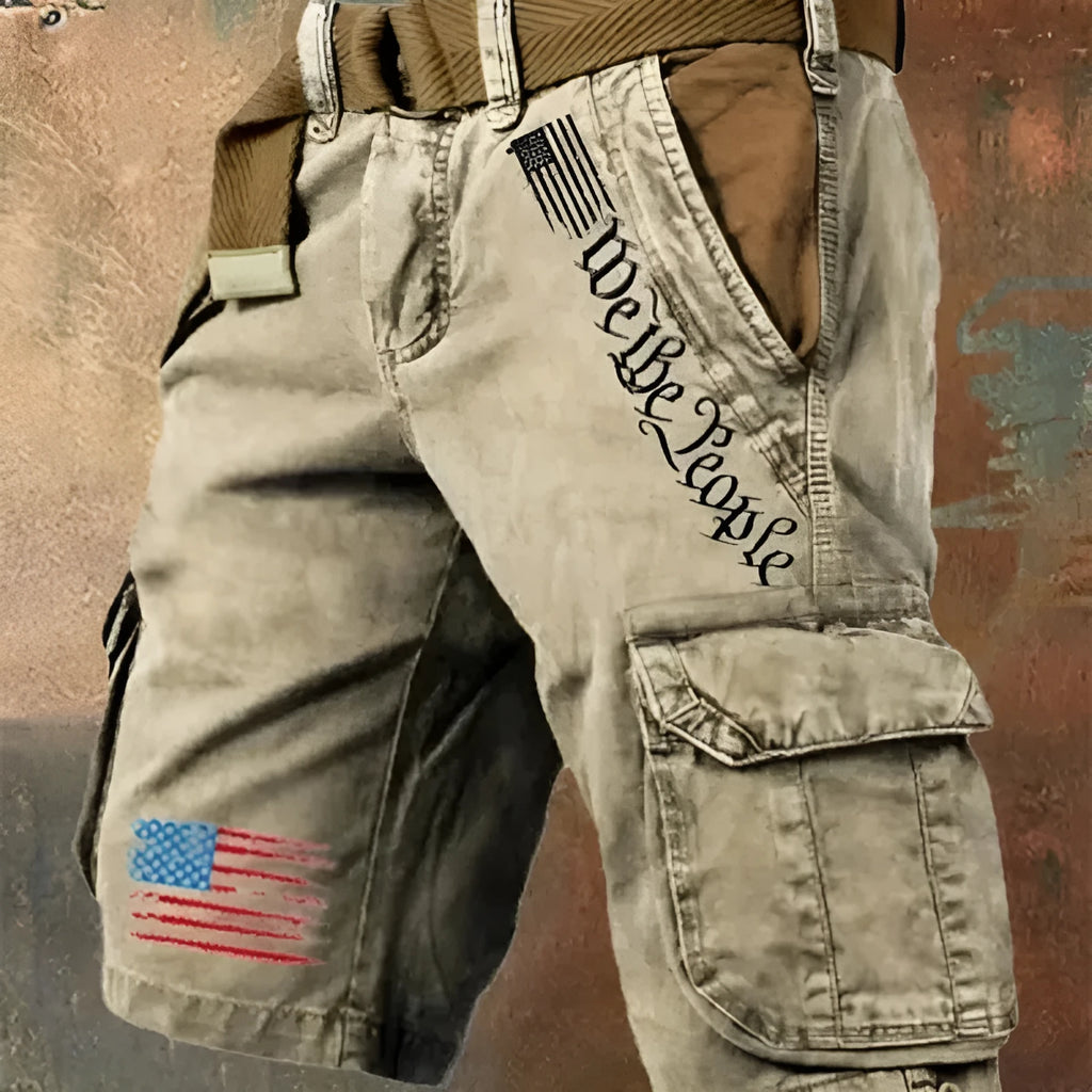Men's workwear casual fifth pants in khaki with multiple pockets, denim style polyester fabric, loose fit