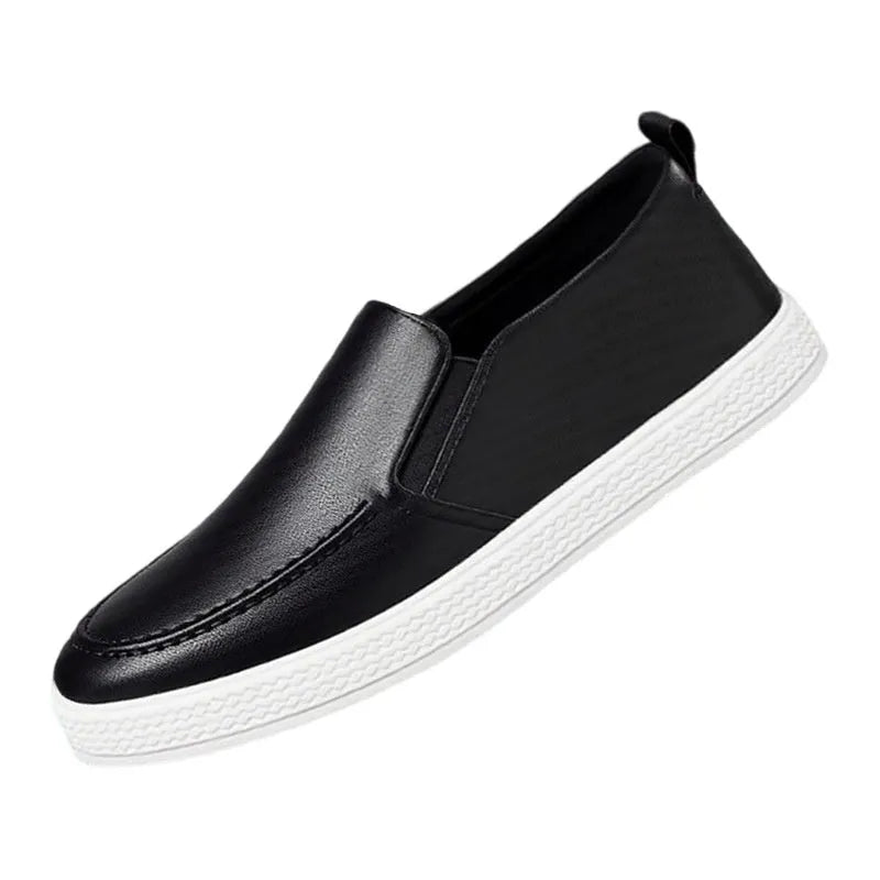 Men's summer kitchen working leather shoes in black with white bottom, round toe, solid colour flat sole