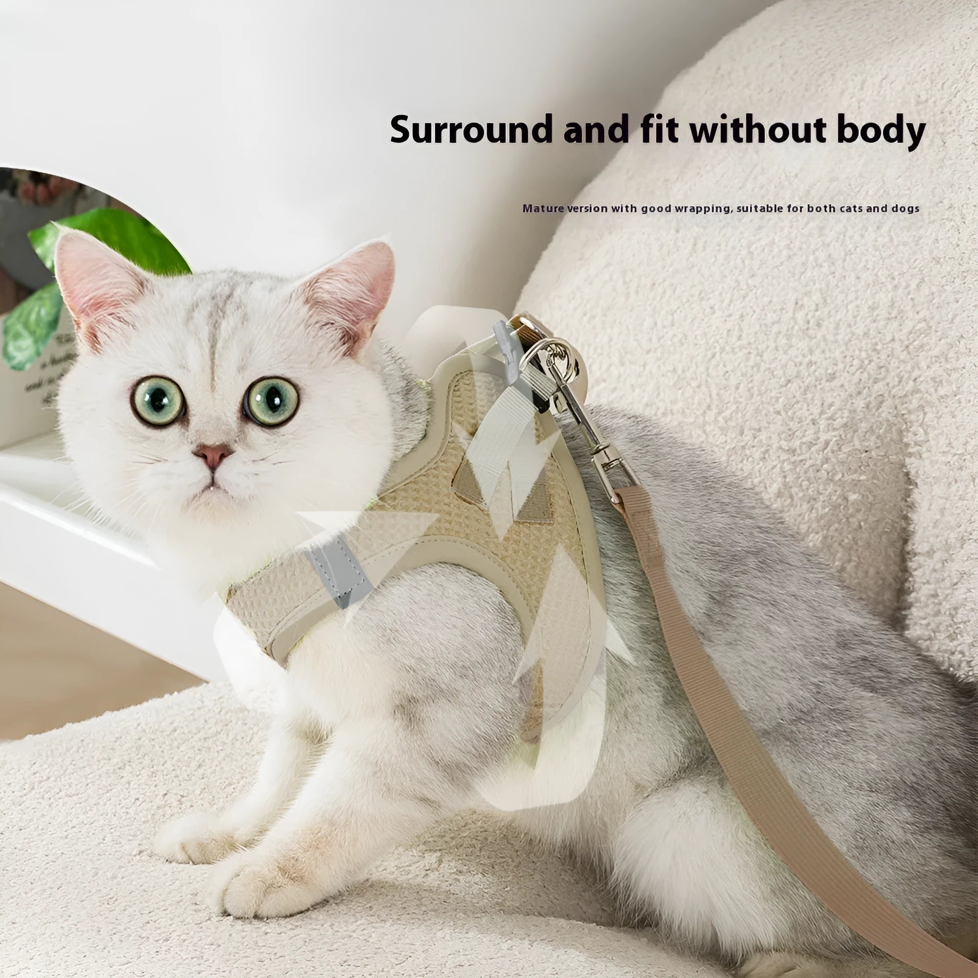 Brown cloth waffle fabric cat harness with hand holding rope and chest strap