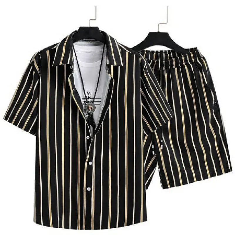 Men's short-sleeved digital print cardigan and matching shorts casual suit set.