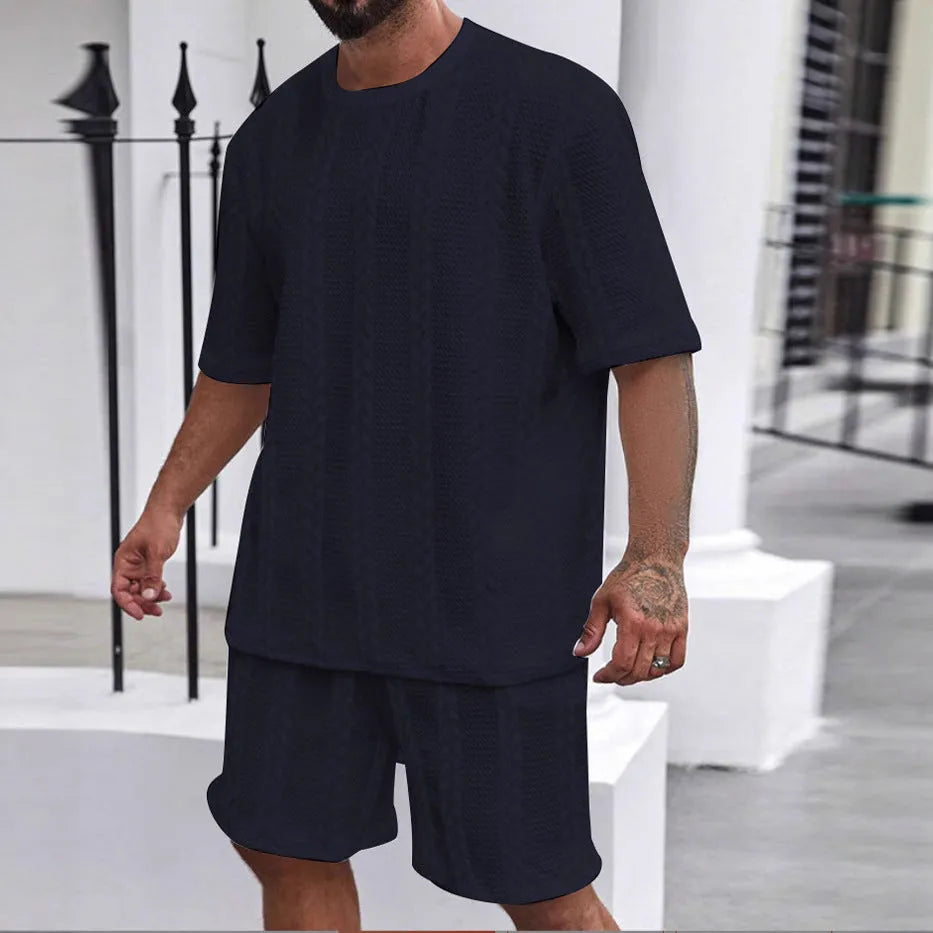 Knitted solid colour jacquard round neck short sleeve pullover top with matching shorts set in white, black, navy, khaki, light gray, polyester, sizes S-XXXL