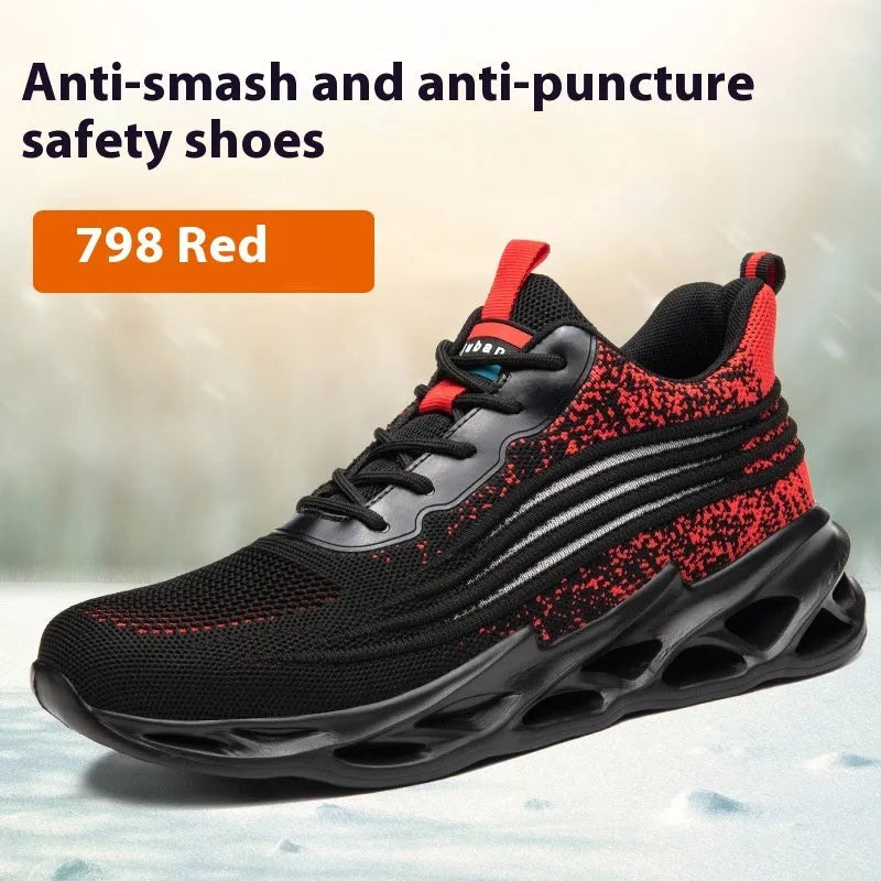 Brown leather anti-smash and puncture resistant lightweight labour protection shoes with rubber sole.