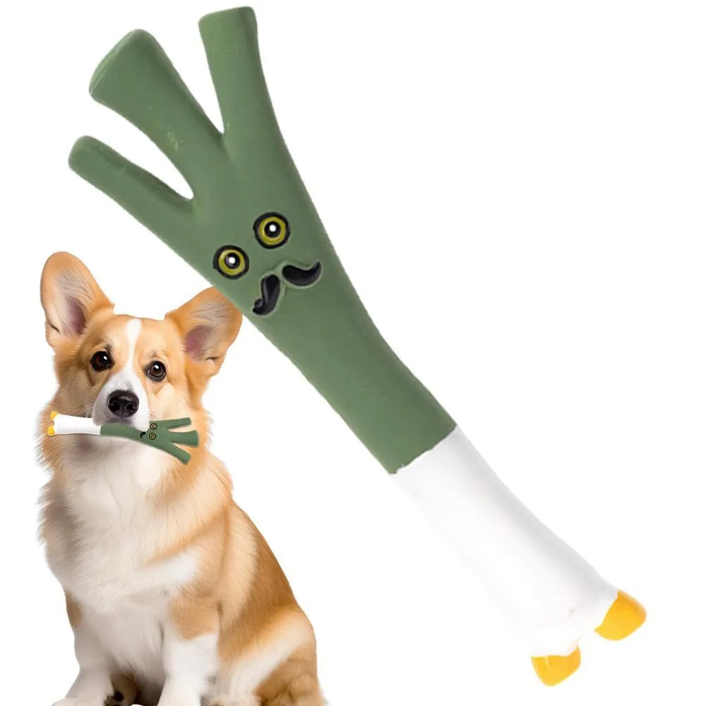 Cute latex vegetable dog chew toy shaped like onion and eggplant, green colour, 7x5x13cm.