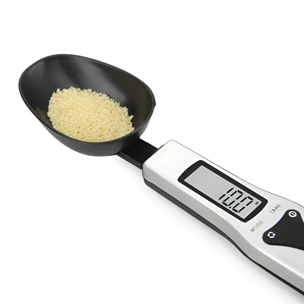 Smart measuring spoon digital scale with stainless steel body and digital display, 0.1g precision, 300g capacity